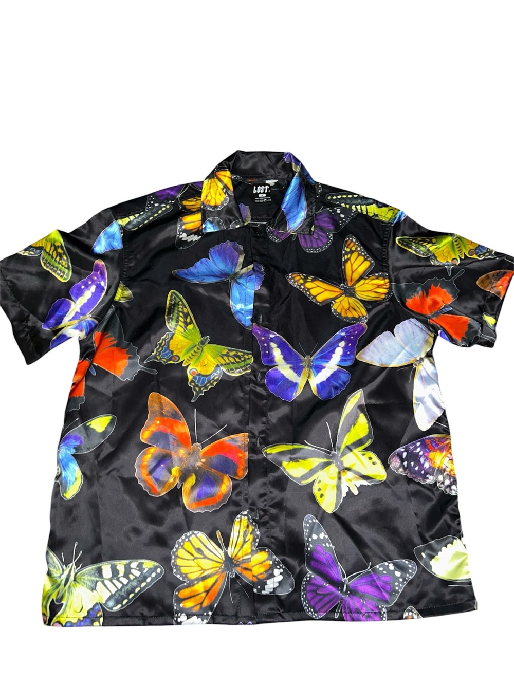 LOST Men's Black Short Sleeve Button-Down Shirt with Multicolor Butterfly Print